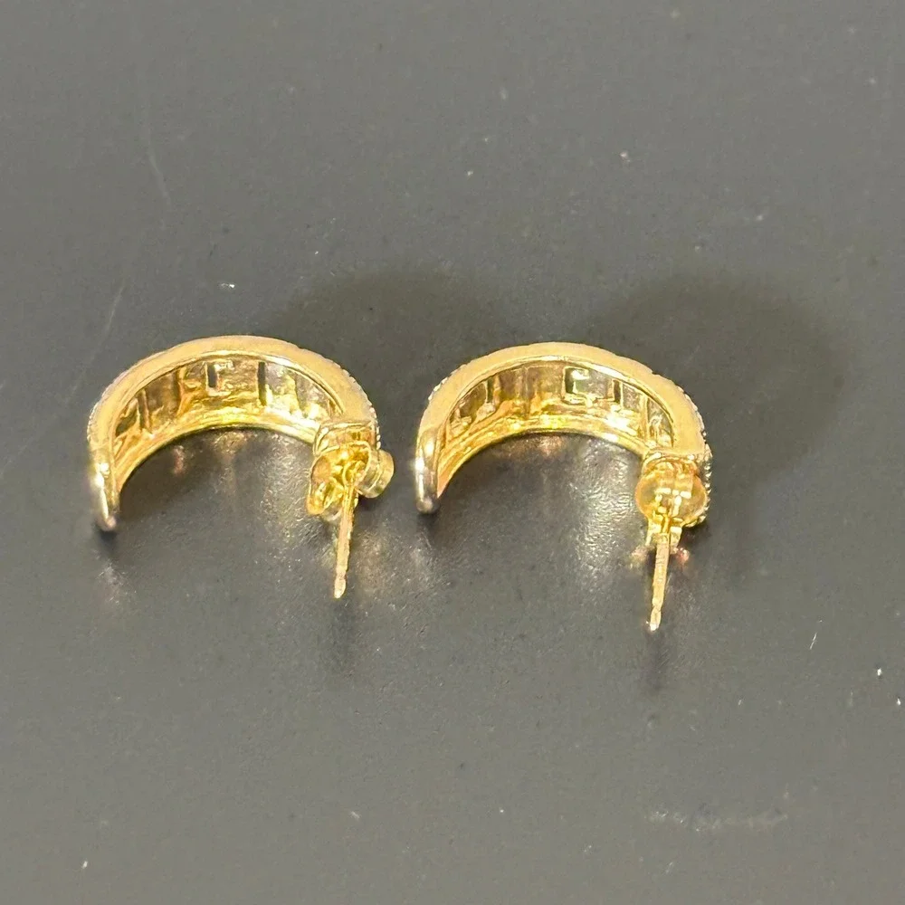 925 Gold Tone Greek Key Pavé Crystal J-Hoop Earrings Geometric Meander Half Hoop